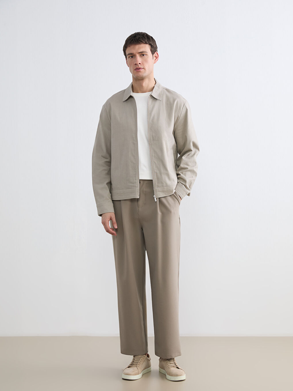 Bej Standart Kalıp Gömlek Yaka Erkek Mont-1