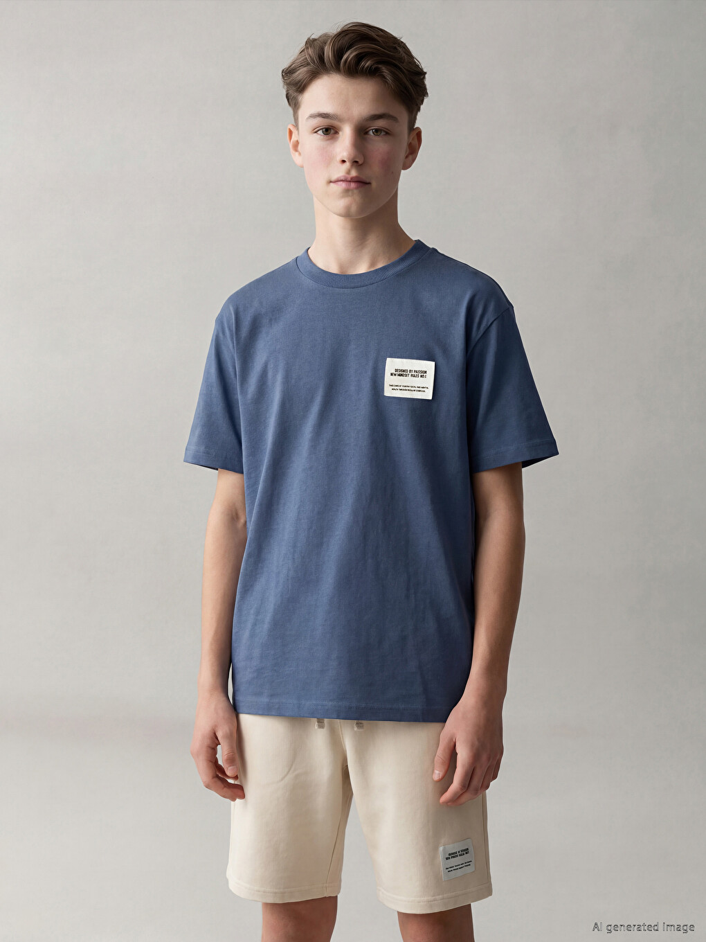 T-shirt për djem me jakë të rrumbullakët dhe detaje etikete