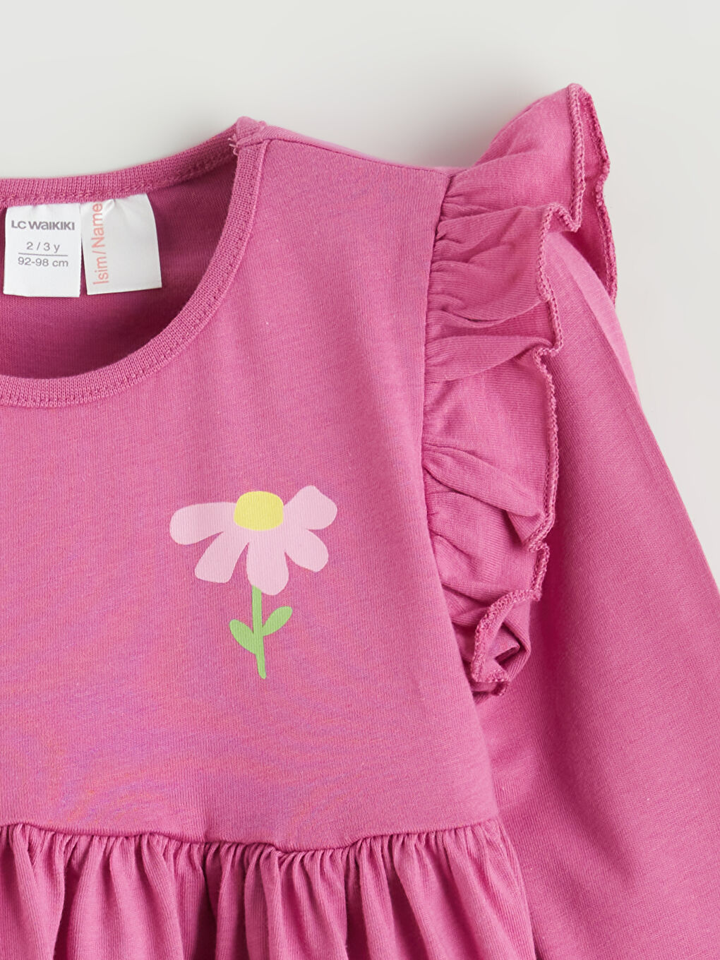 Mor Çiçek Baskılı Fırfırlı Kız Çocuk Elbise-1