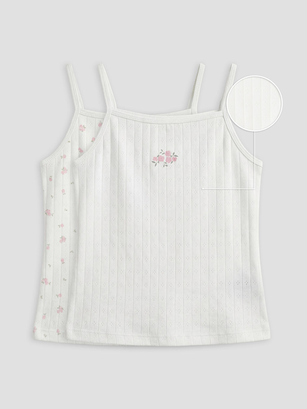 Ekru Kare Yaka Çiçekli İp Askılı Kız Çocuk Atlet