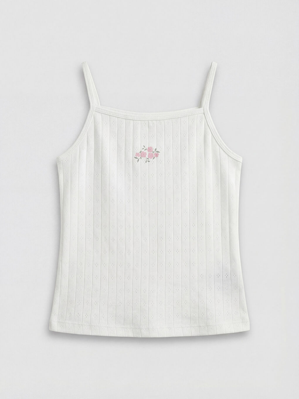 Ekru Kare Yaka Çiçekli İp Askılı Kız Çocuk Atlet-1