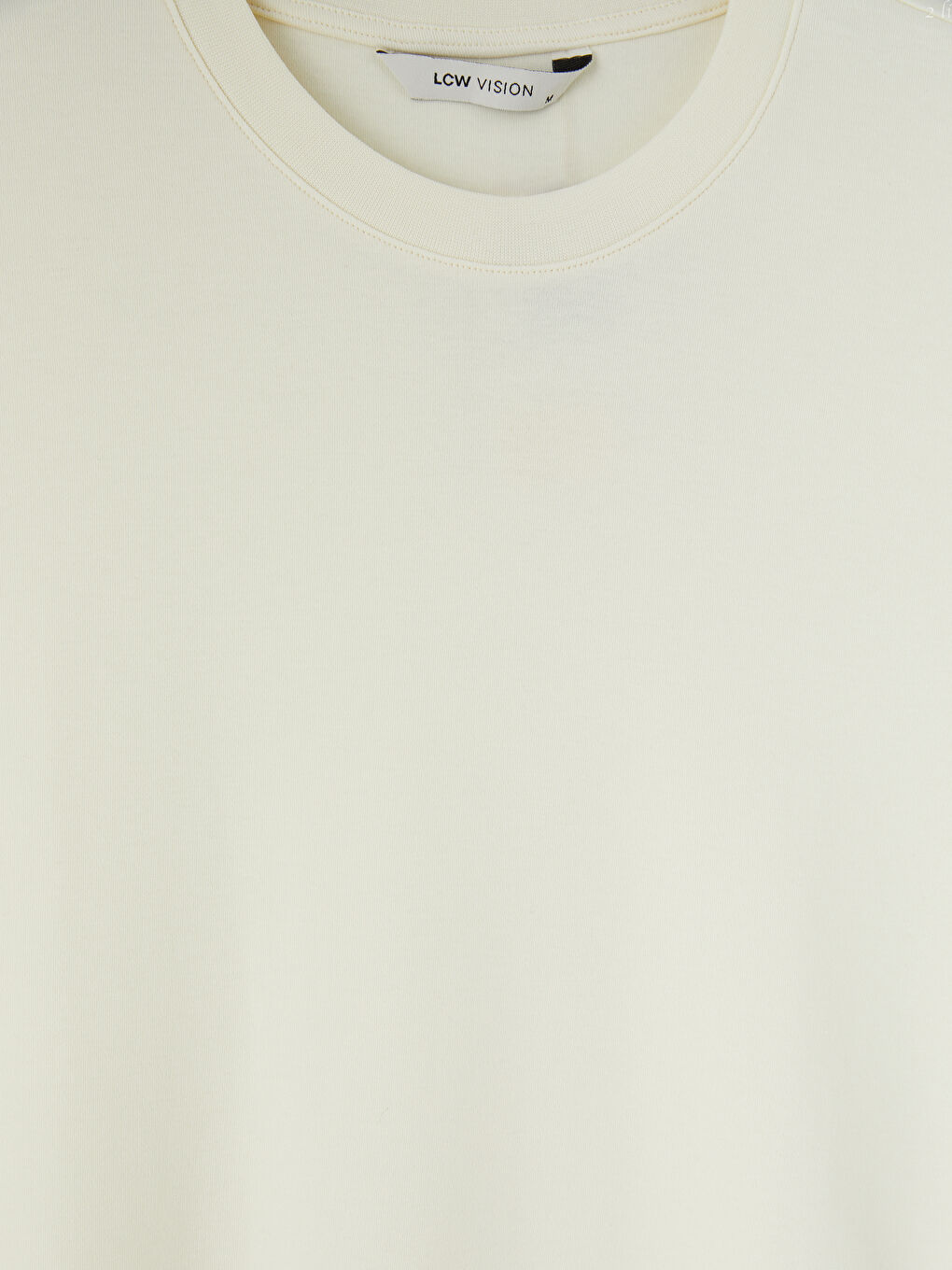 Ekru %100 Pamuk Loose Fit Basic Soft Touch Tişört-2