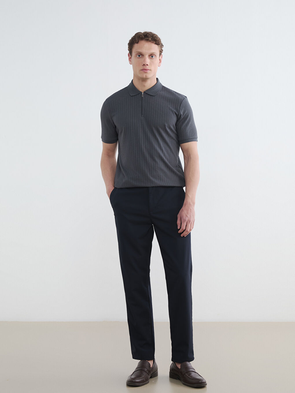 Antrasit Polo Yaka Çizgili Erkek Tişört-1