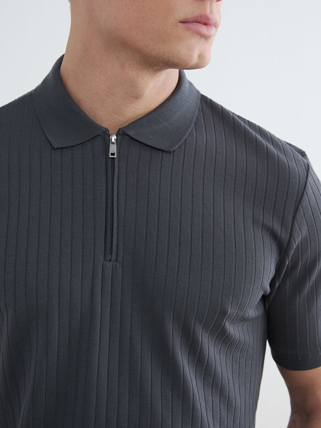 Antrasit Polo Yaka Çizgili Erkek Tişört-2