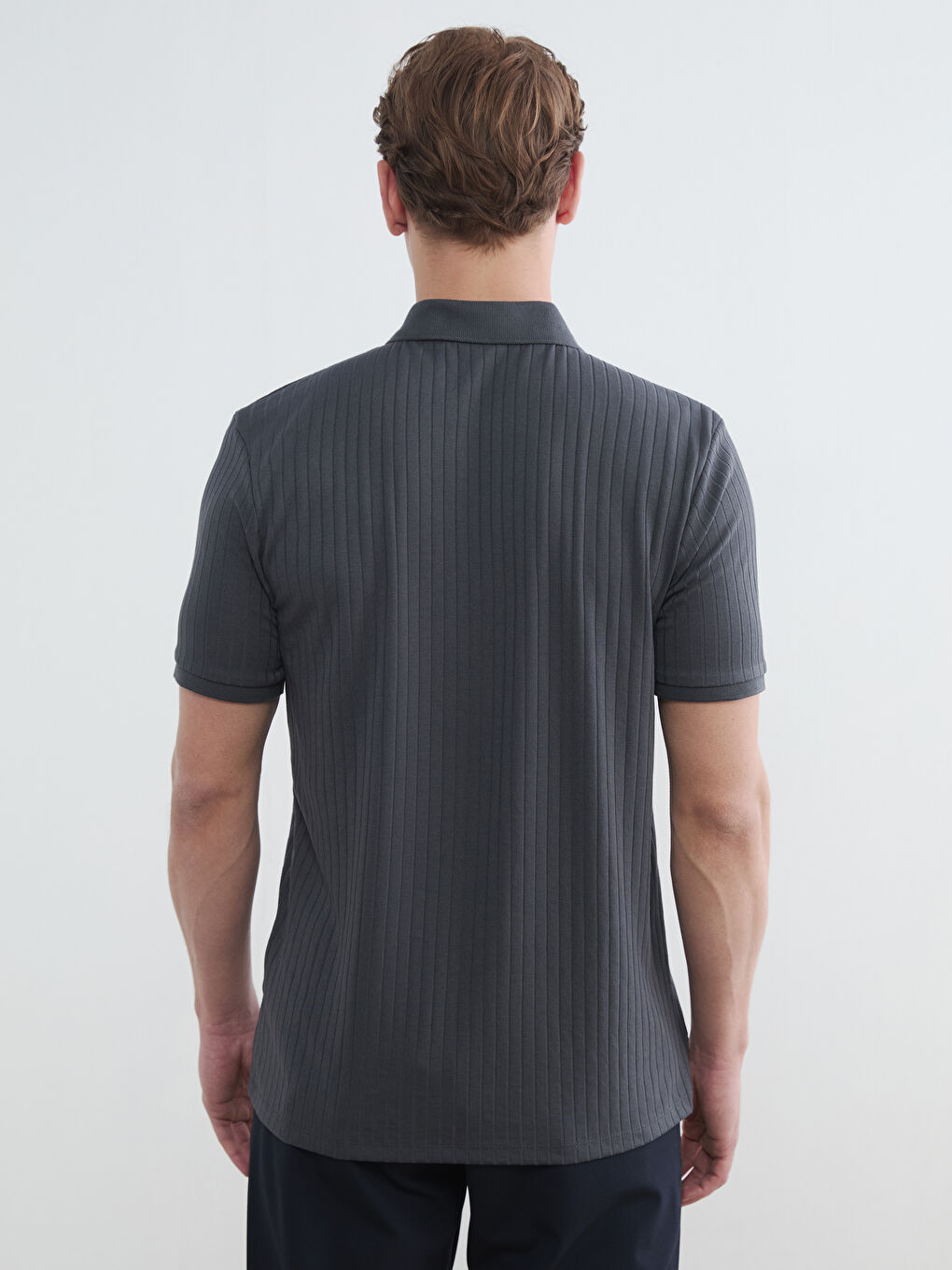 Antrasit Polo Yaka Çizgili Erkek Tişört-3