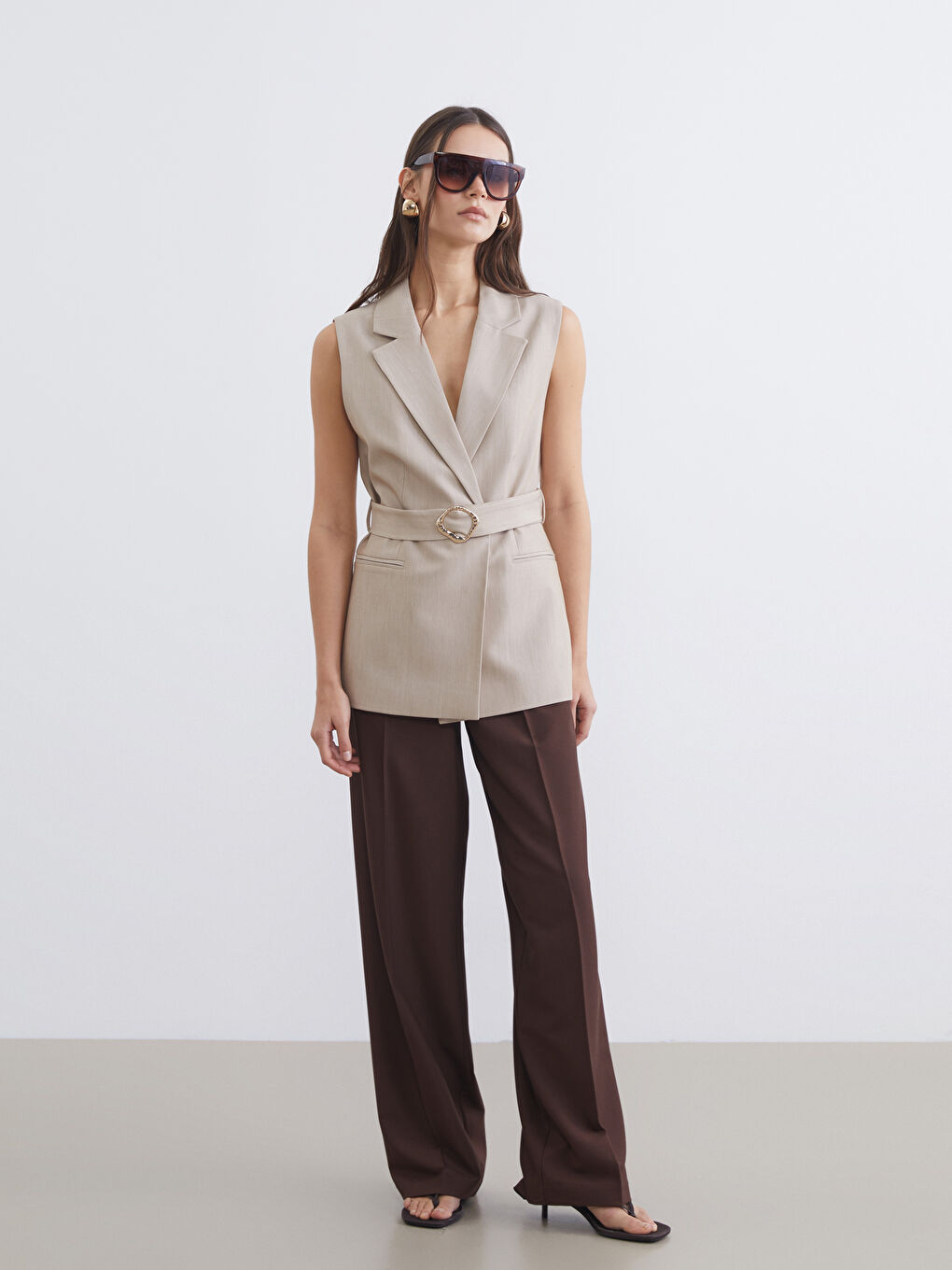 Kruvaze Yaka Beli Kemerli Kadın Klasik Yelek-1