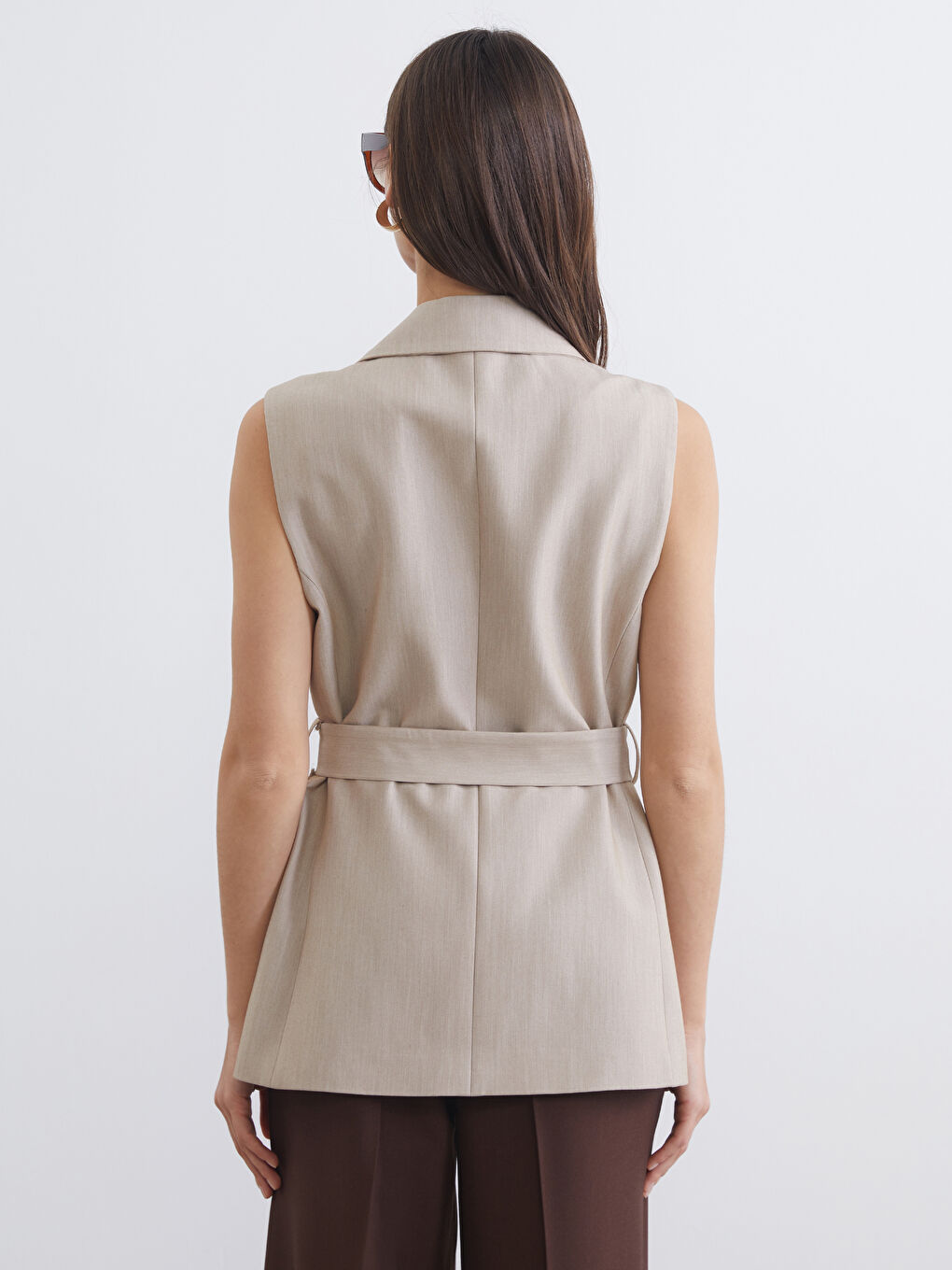 Kruvaze Yaka Beli Kemerli Kadın Klasik Yelek-3