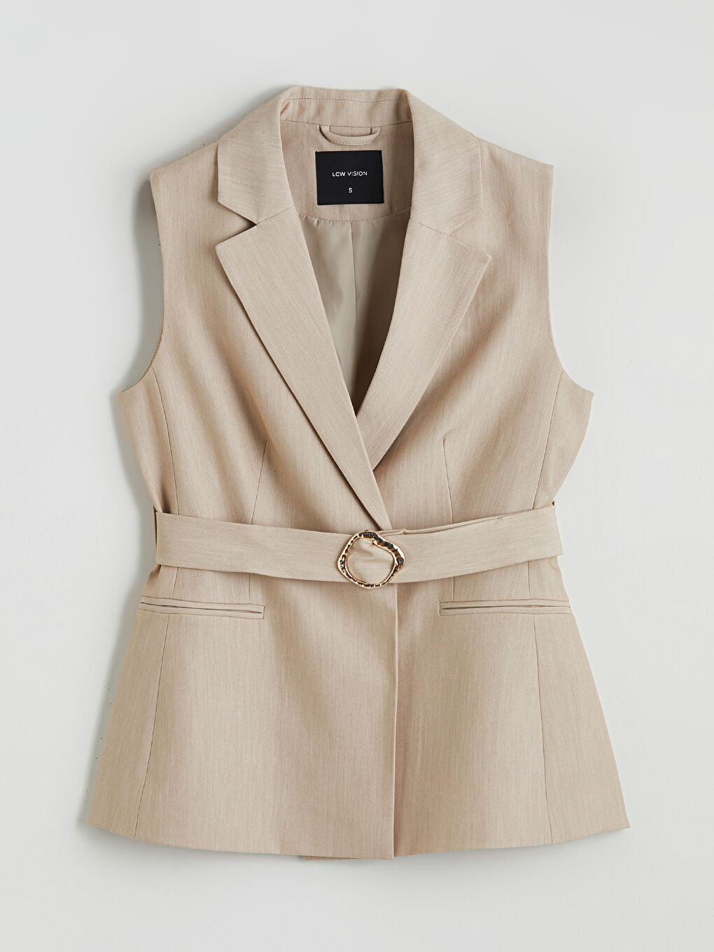 Kruvaze Yaka Beli Kemerli Kadın Klasik Yelek-4