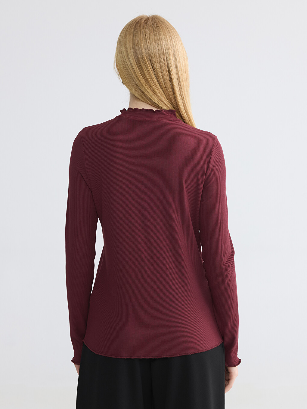 Bordo Fırfırlı Dik Yaka Kadın Body-3