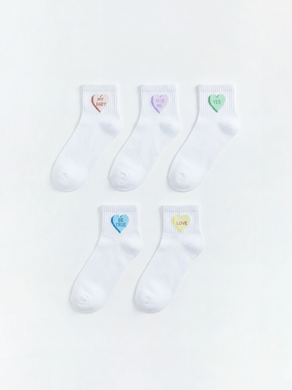 Beyaz Kalp Desenli Kadın Patik Çorap 5'li