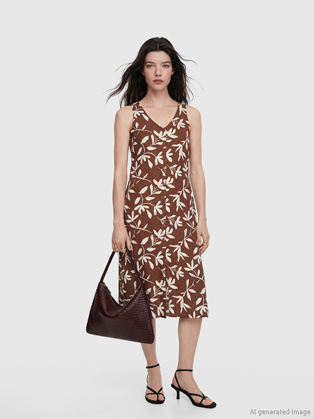 V Neck Leaf Patterned Dress-1