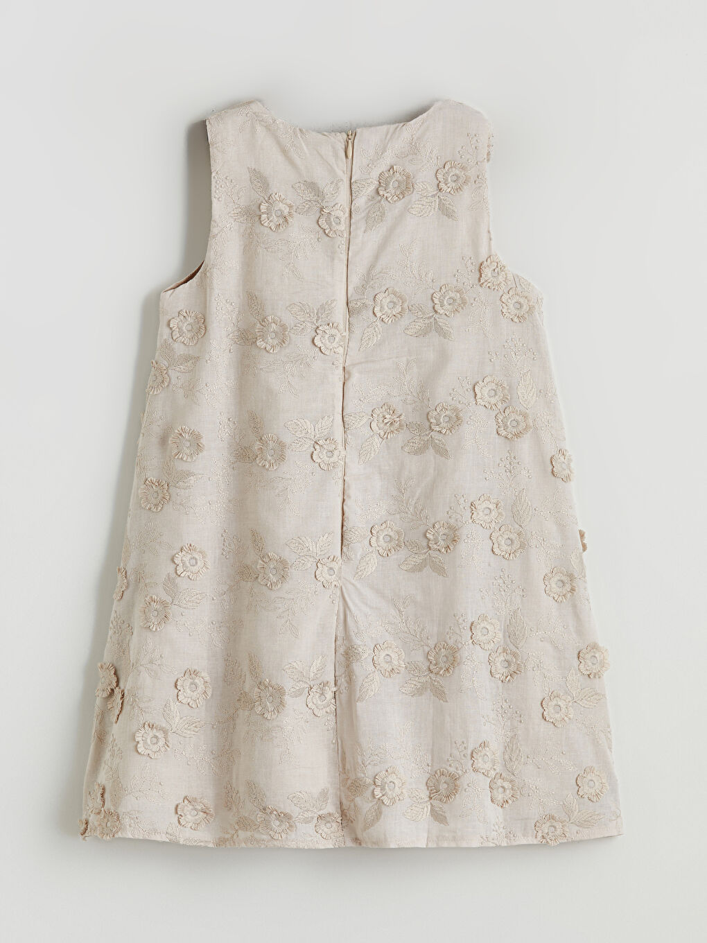 Bej Bisiklet Yaka Çiçek Nakışlı Kız Çocuk Elbise-2