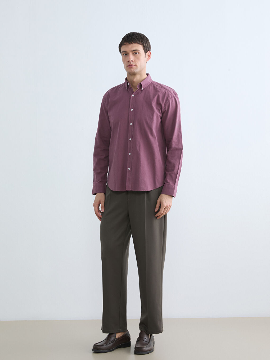 Mürdüm Regular Fit Keten Görünümlü Erkek Gömlek-1