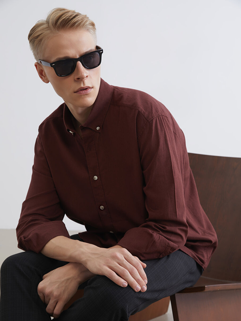 Bordo Regular Fit Keten Görünümlü Erkek Gömlek