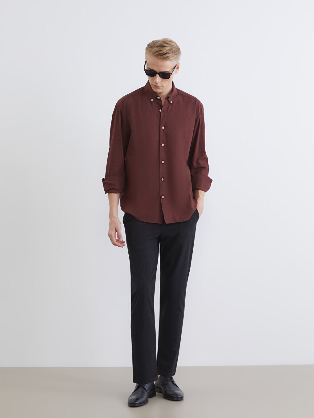 Bordo Regular Fit Keten Görünümlü Erkek Gömlek-1