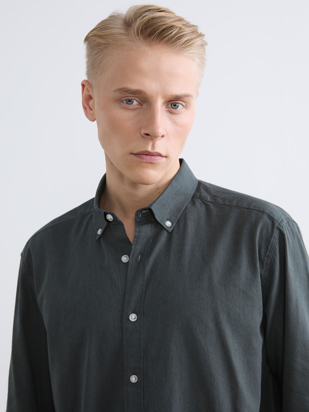 Yeşil Regular Fit Keten Karışımlı Erkek Gömlek-2