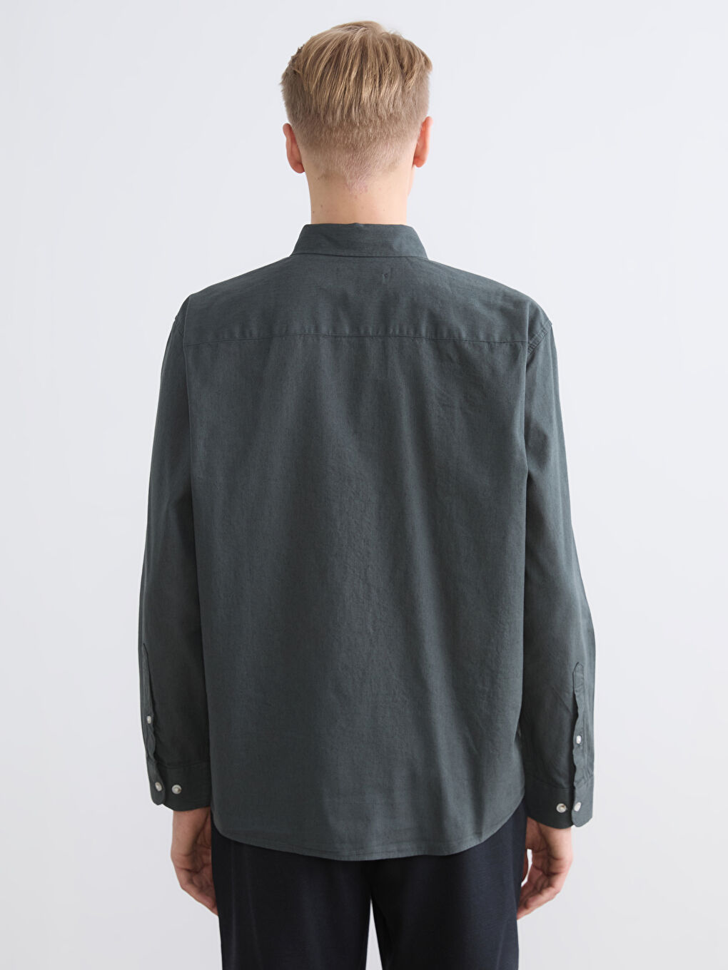 Yeşil Regular Fit Keten Karışımlı Erkek Gömlek-3