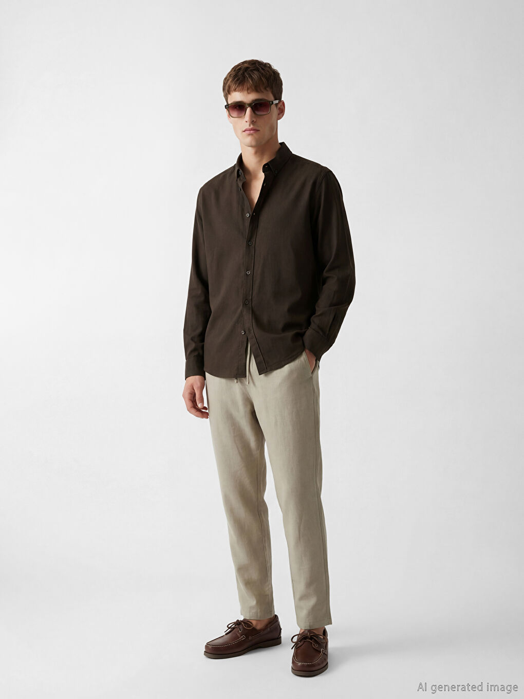 Kahverengi Regular Fit Keten Karışımlı Erkek Gömlek-1