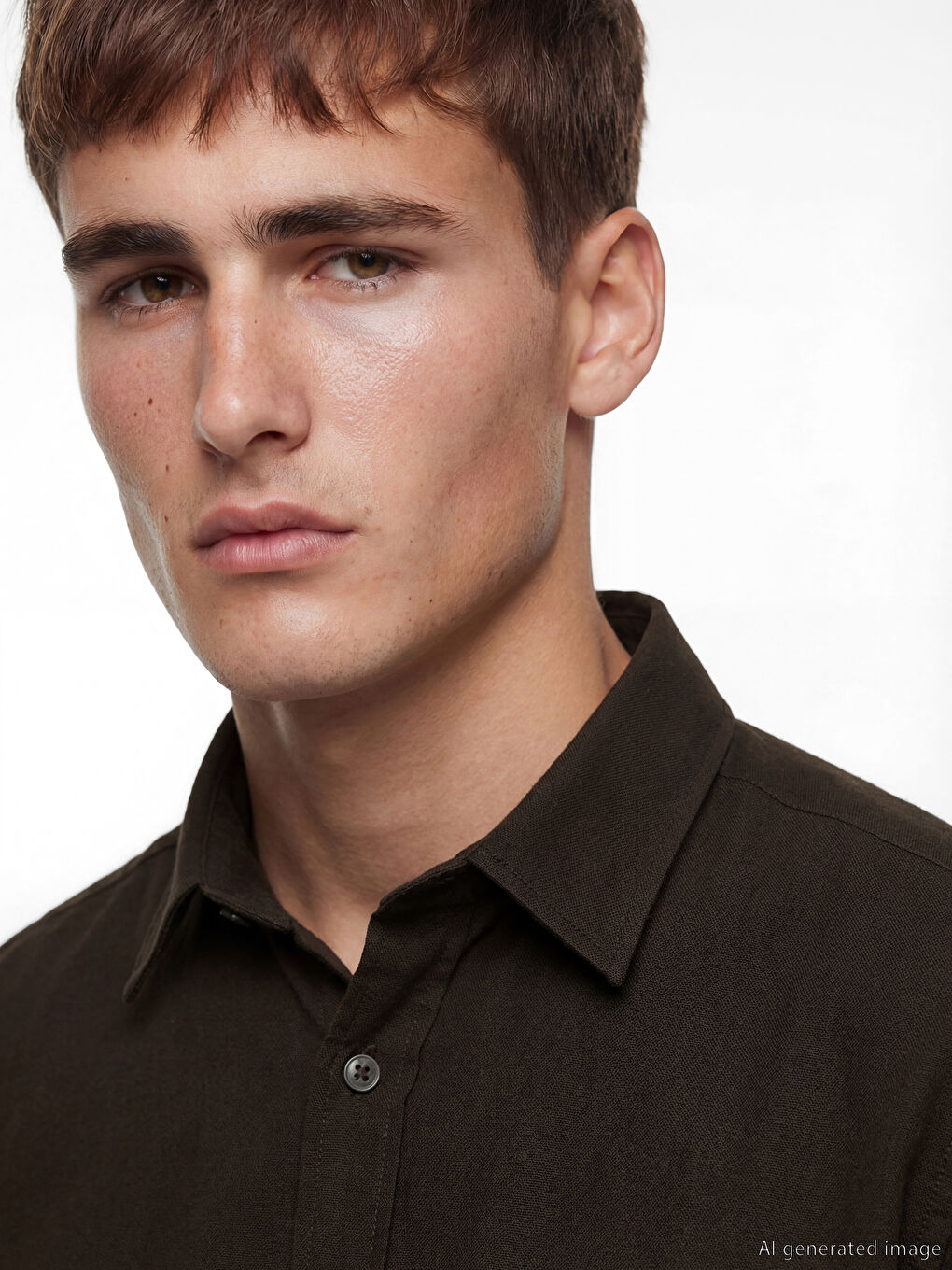 Kahverengi Regular Fit Keten Karışımlı Erkek Gömlek-2