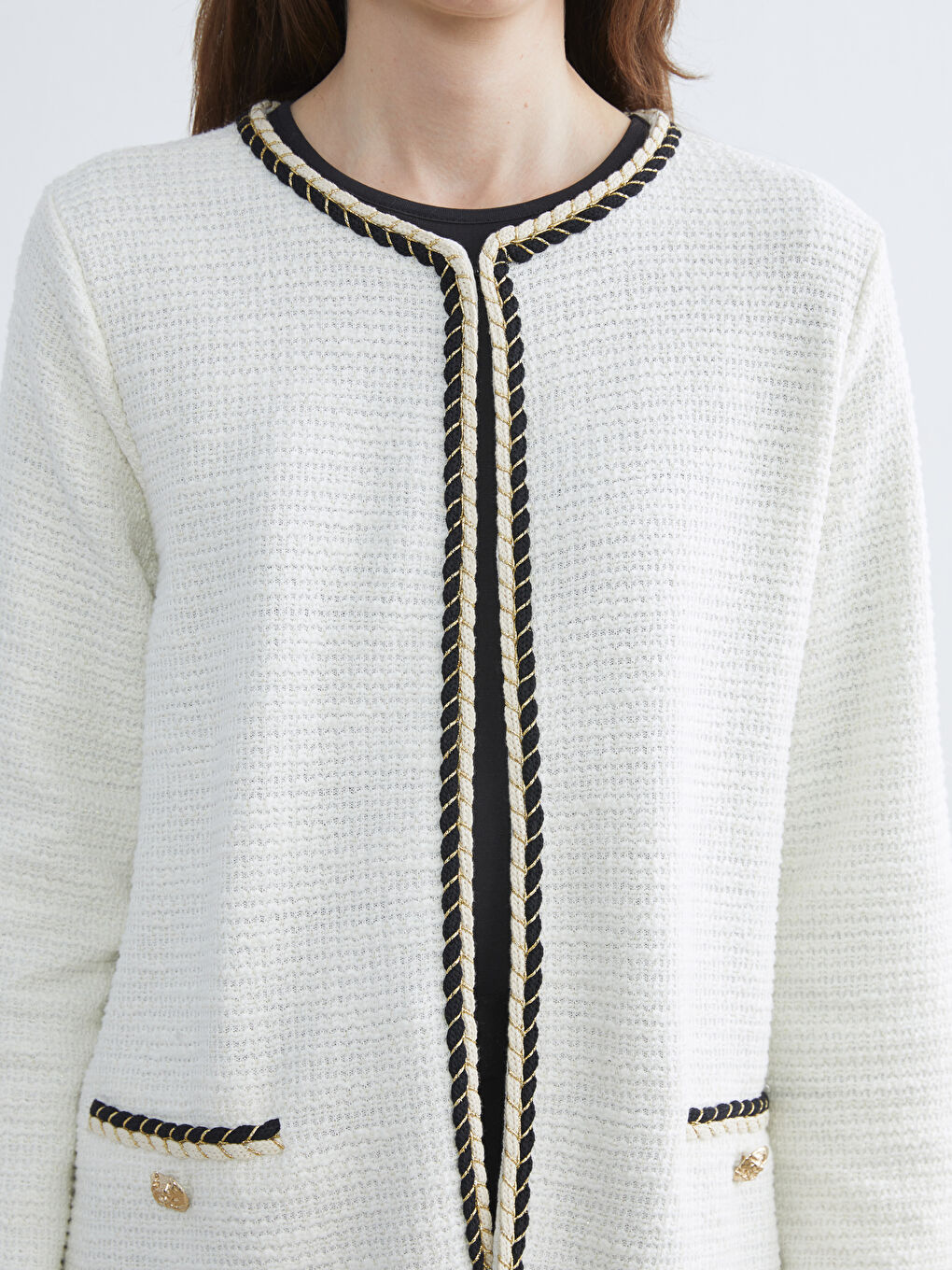 Ekru Bisiklet Yaka Dokulu Kadın Hırka-2