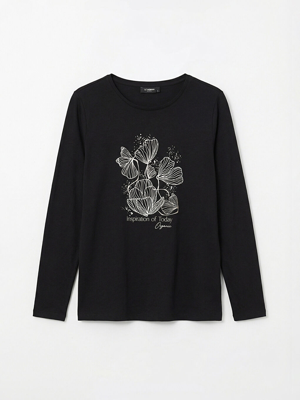 Siyah Bisiklet Yaka Çiçekli Kadın Tişört-4