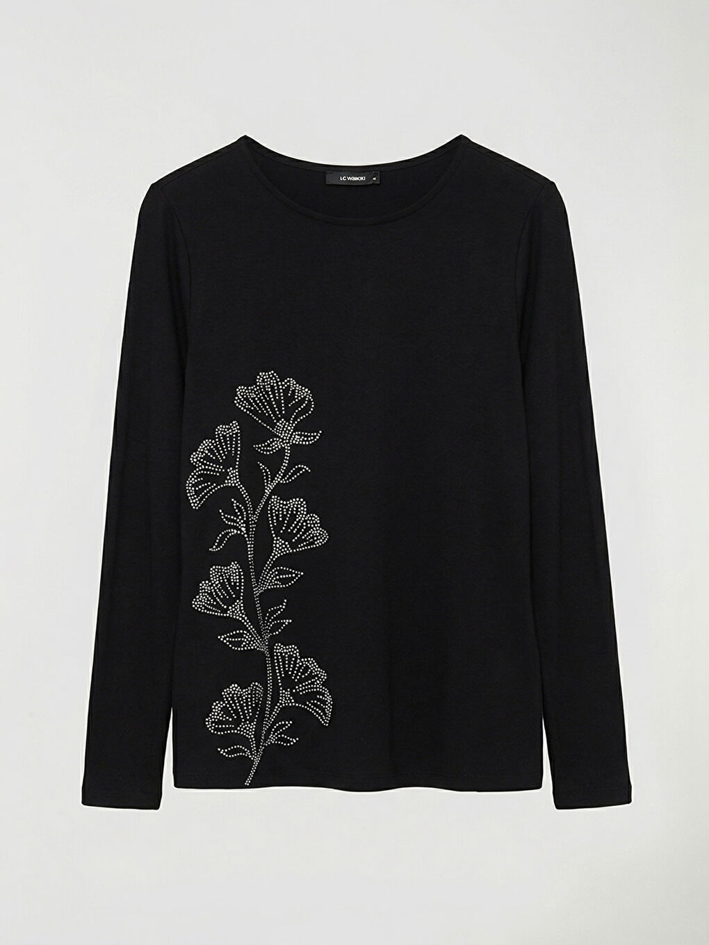 Siyah Bisiklet Yaka Taşlı Kadın Tişört-4