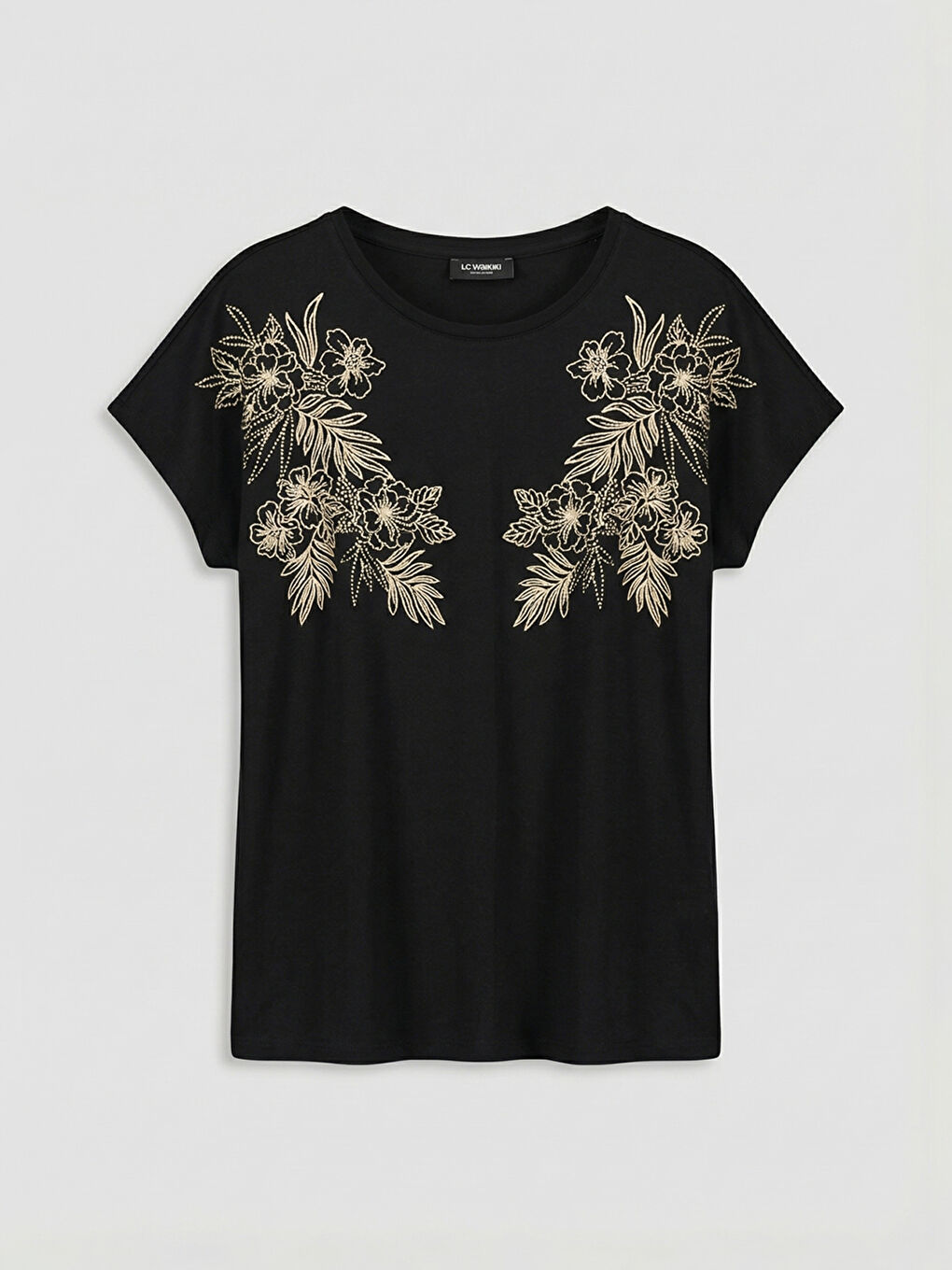 Siyah Bisiklet Yaka Çiçekli Kadın Tişört-4