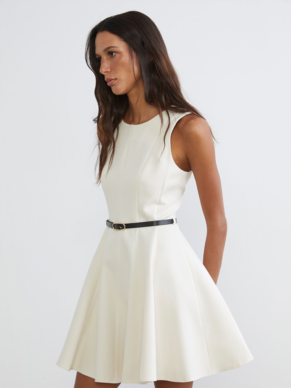 Crew Neck Belted Peplum Mini Women's Dress