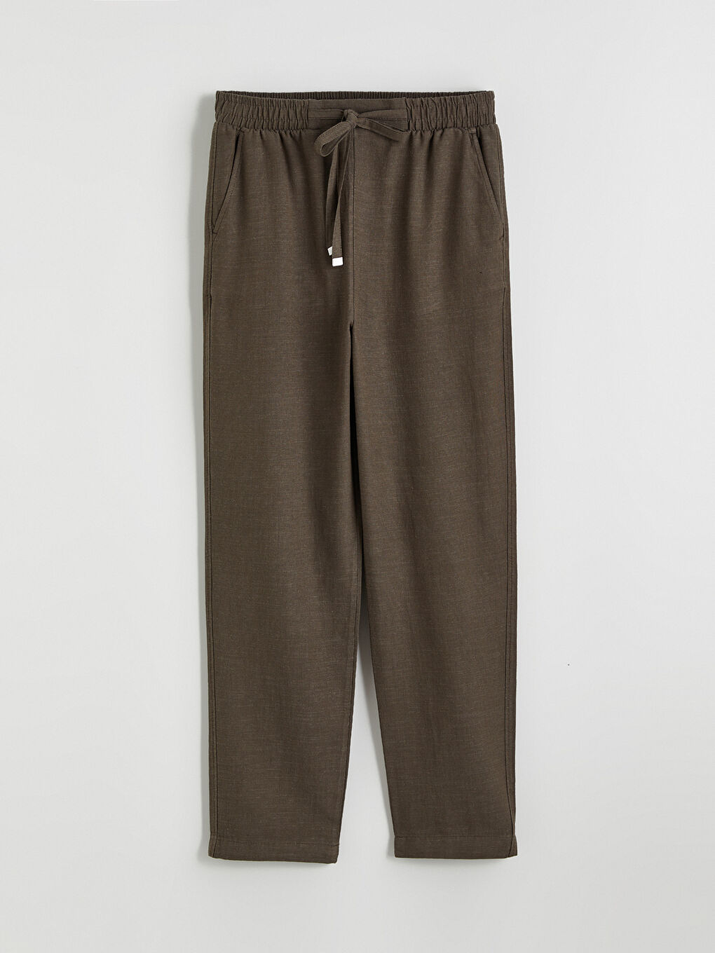 Haki Beli Lastikli Keten Karışımlı Kadın Pantolon-4