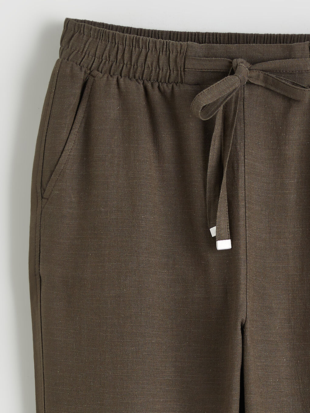 Haki Beli Lastikli Keten Karışımlı Kadın Pantolon-5