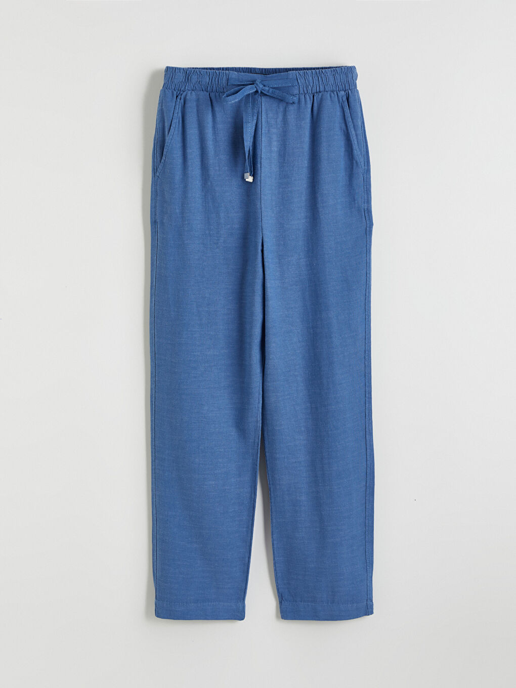 Mavi Beli Lastikli Keten Karışımlı Kadın Pantolon-4