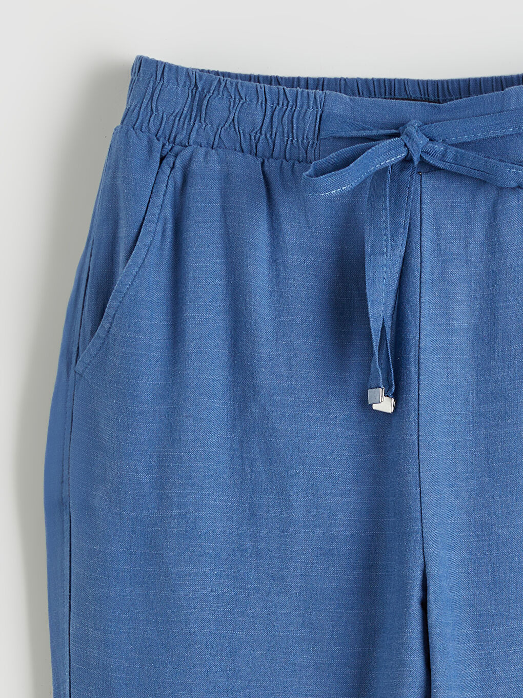 Mavi Beli Lastikli Keten Karışımlı Kadın Pantolon-5