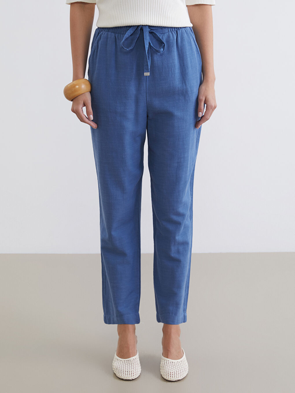 Mavi Beli Lastikli Keten Karışımlı Kadın Pantolon-1