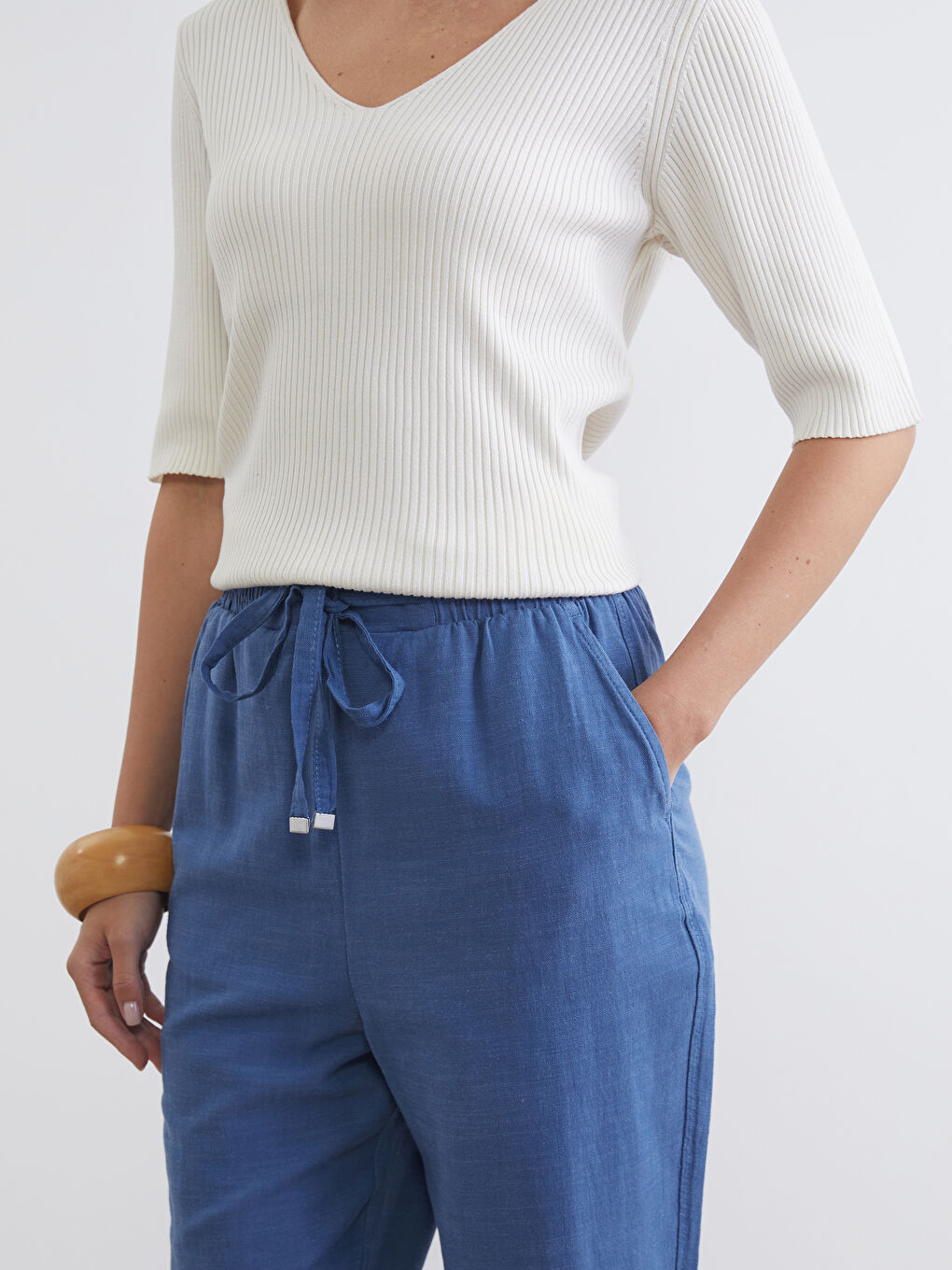 Mavi Beli Lastikli Keten Karışımlı Kadın Pantolon-2