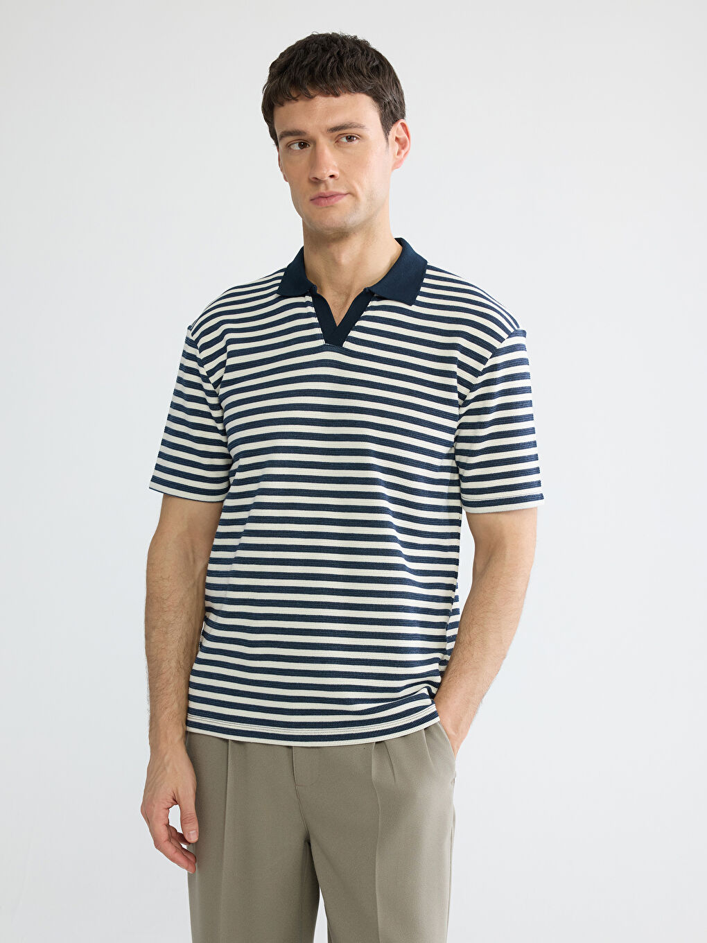 İndigo Polo Yaka Çizgili Erkek Tişört