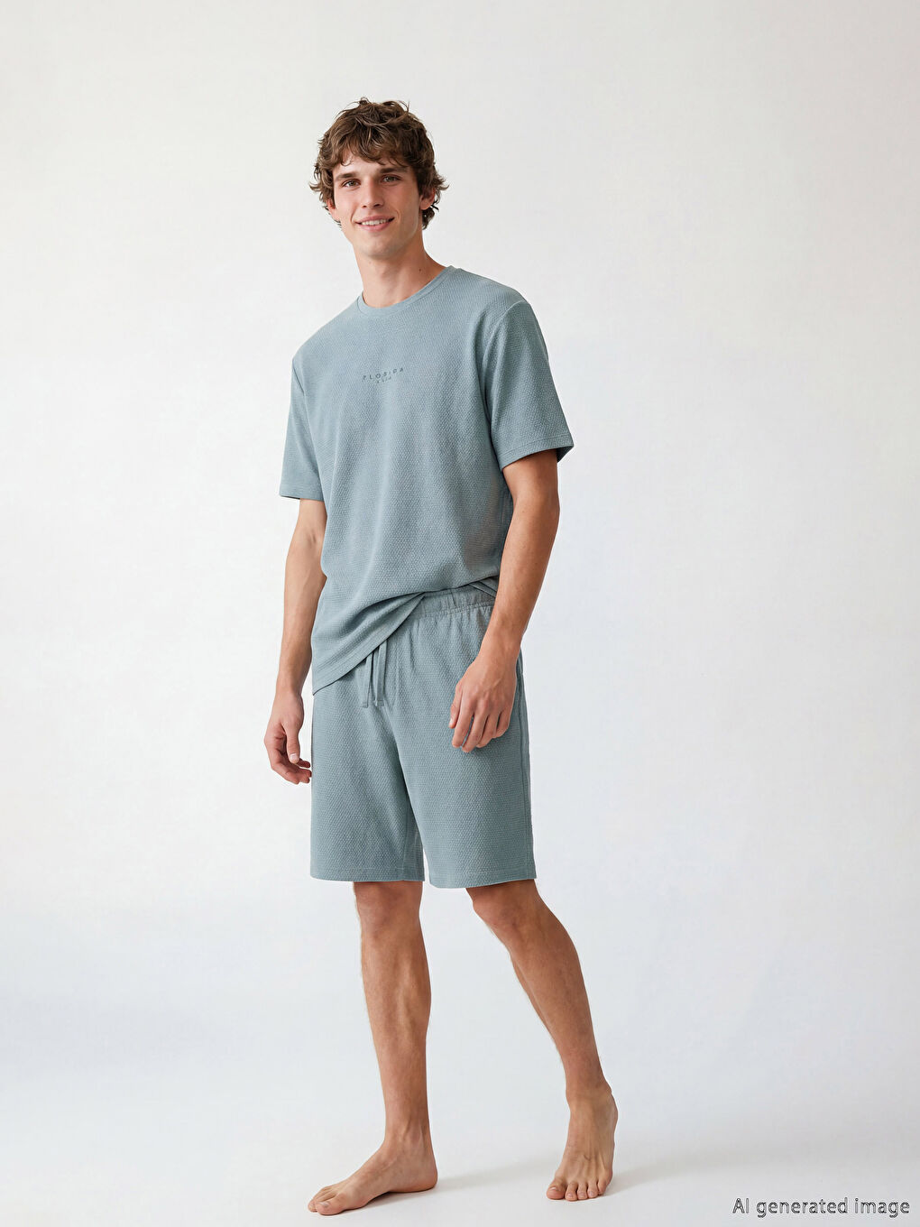 Mavi Standart Kalıp Florida Baskılı Erkek Şortlu Pijama Takımı