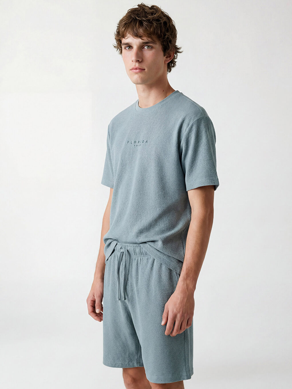 Mavi Standart Kalıp Florida Baskılı Erkek Şortlu Pijama Takımı-1