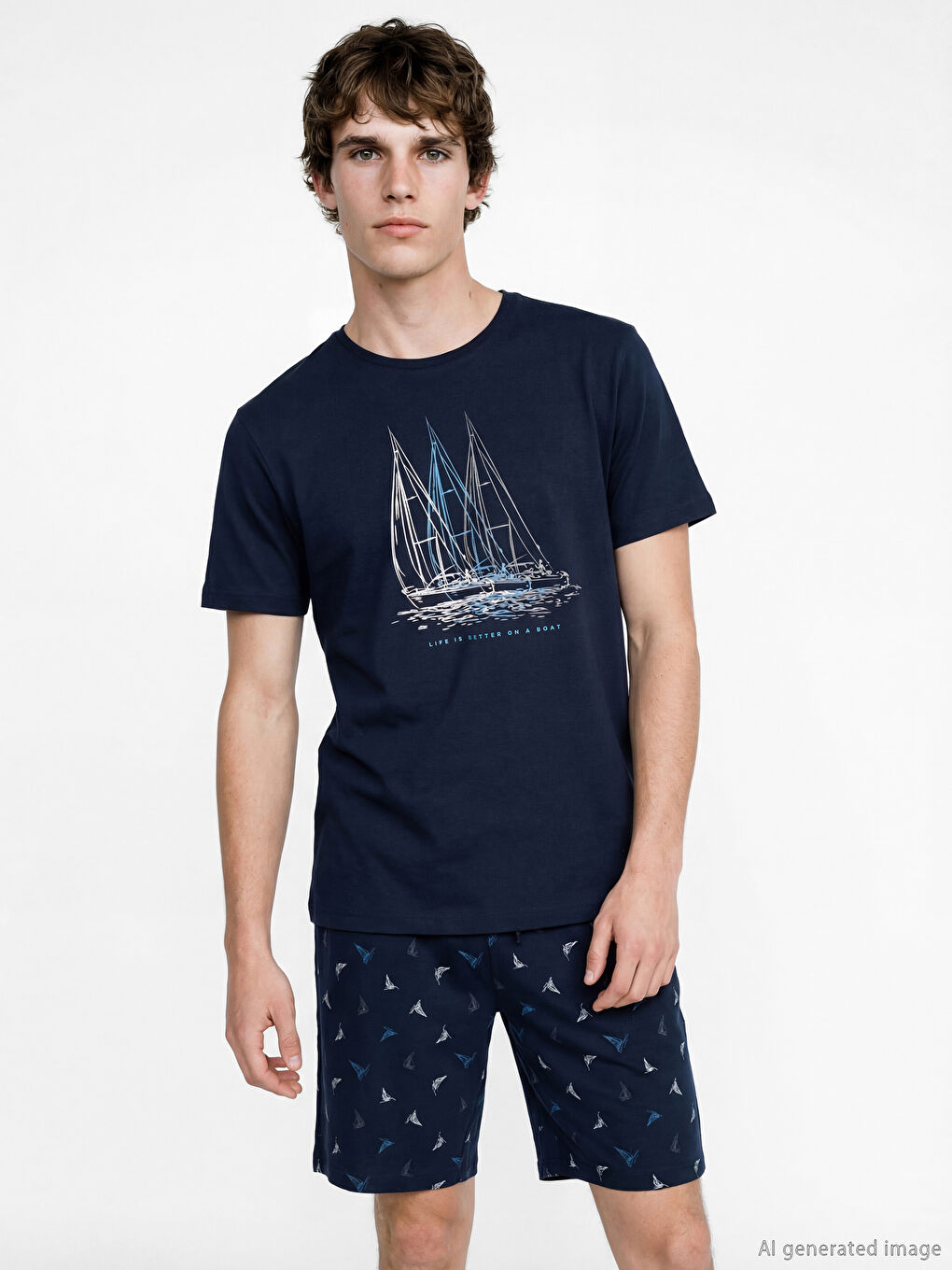 Lacivert Standart Kalıp Baskılı Erkek Şortlu Pijama Takımı-1