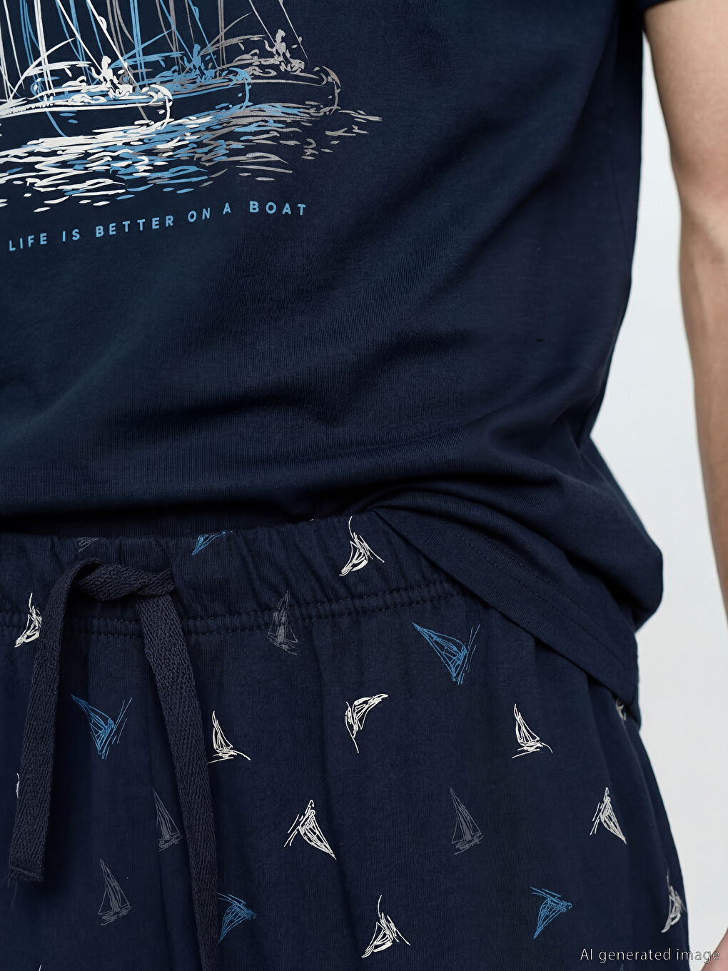 Lacivert Standart Kalıp Baskılı Erkek Şortlu Pijama Takımı-2