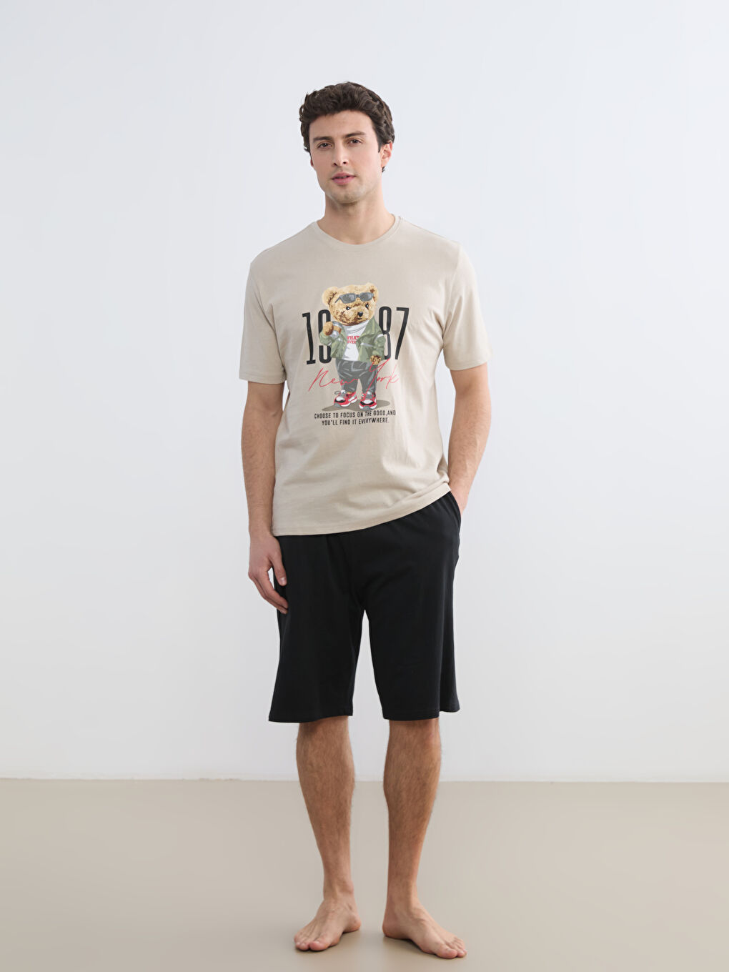 Crew Neck Teddy Print Men's Shortie Pyjamas Set