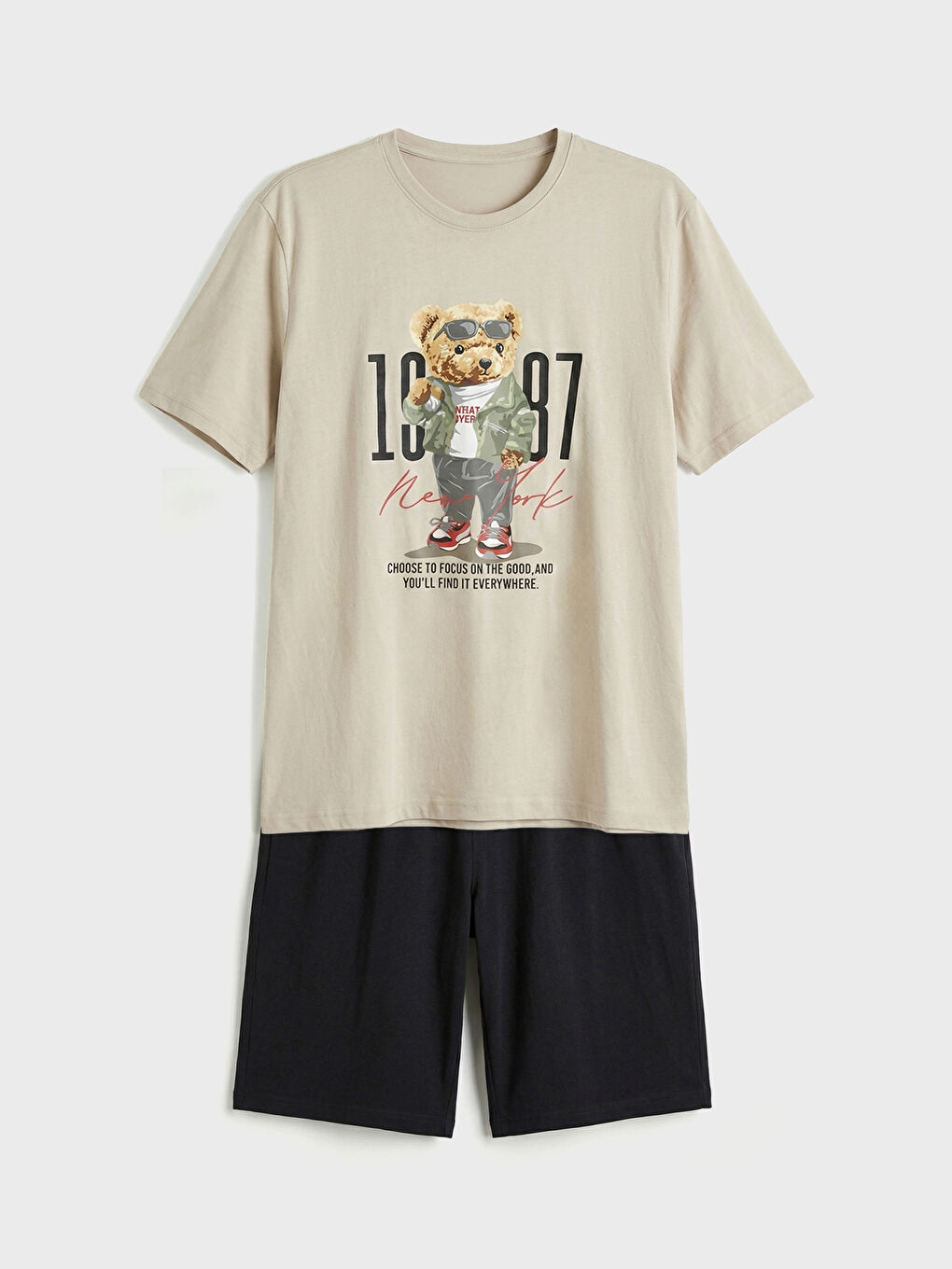 Crew Neck Teddy Print Men's Shortie Pyjamas Set-4