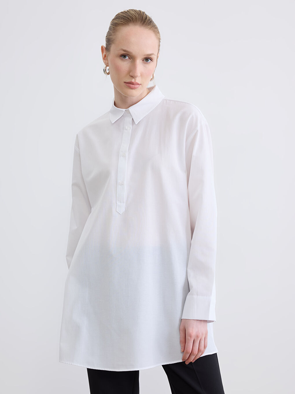 Beyaz Gömlek Yaka Poplin Kadın Tunik