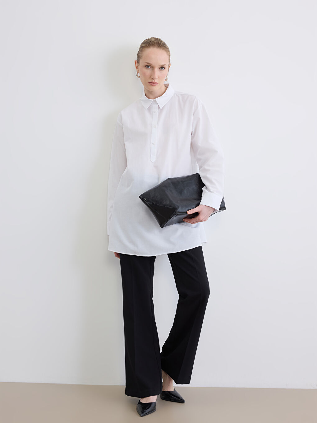 Beyaz Gömlek Yaka Poplin Kadın Tunik-1