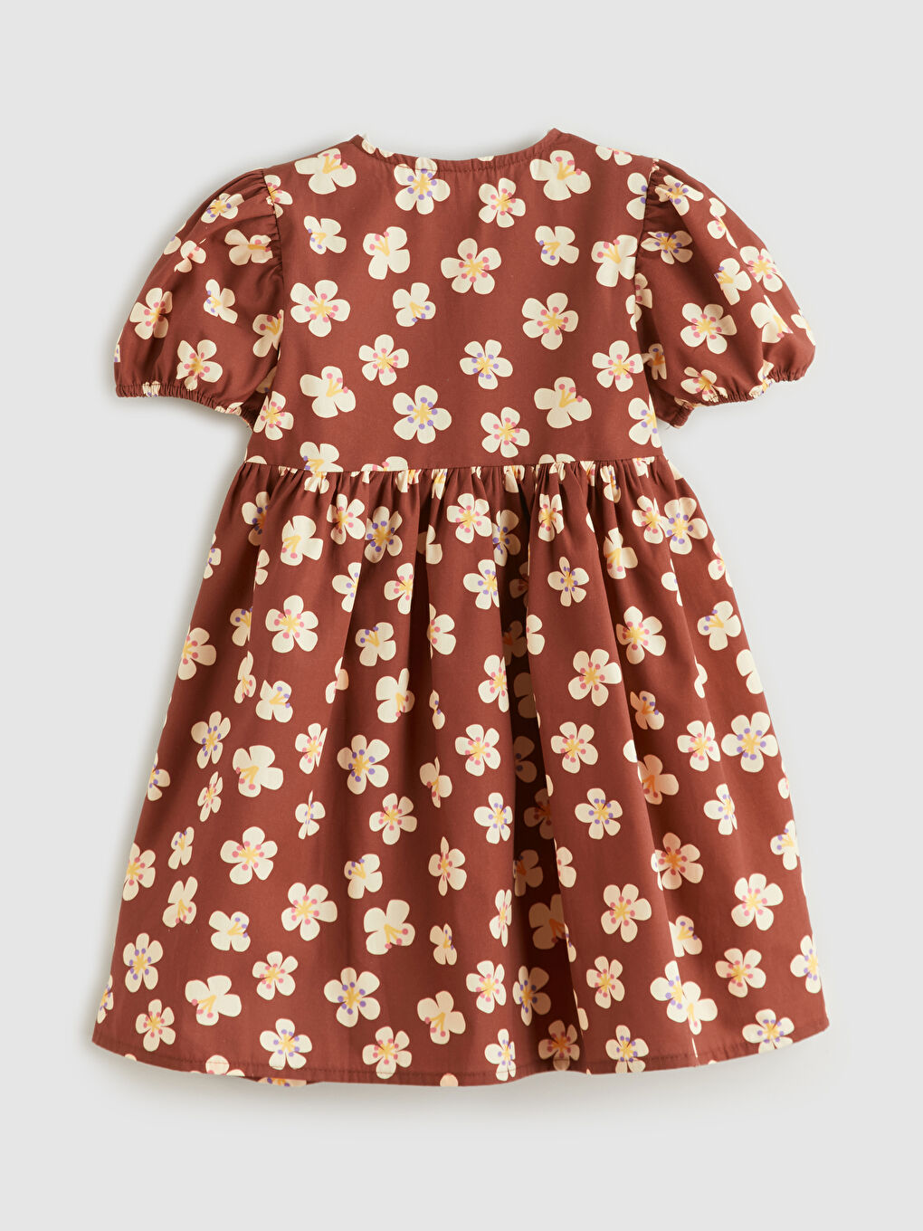 Kahverengi Çiçekli Fırfırlı Kız Çocuk Elbise-1