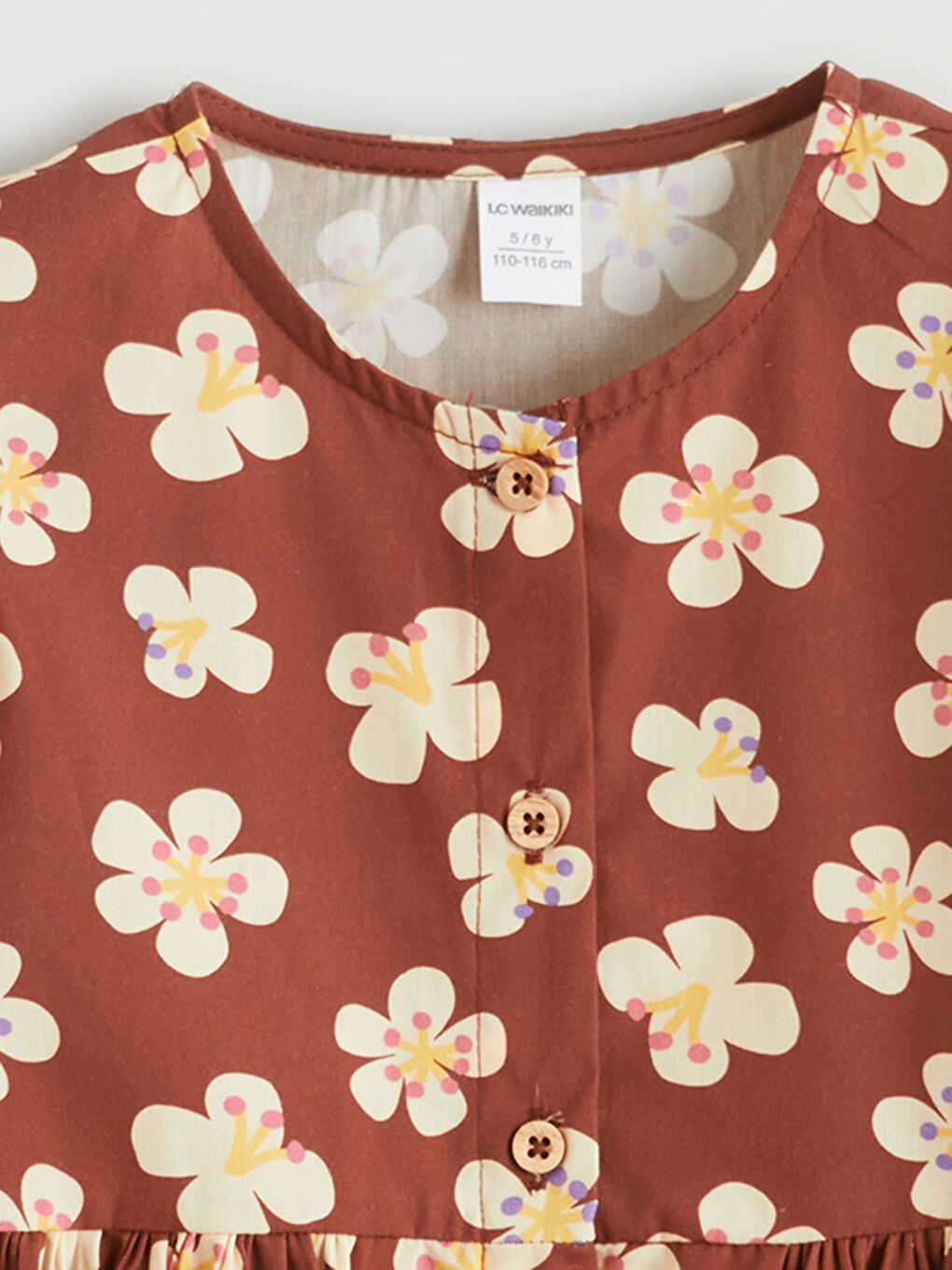 Kahverengi Çiçekli Fırfırlı Kız Çocuk Elbise-2