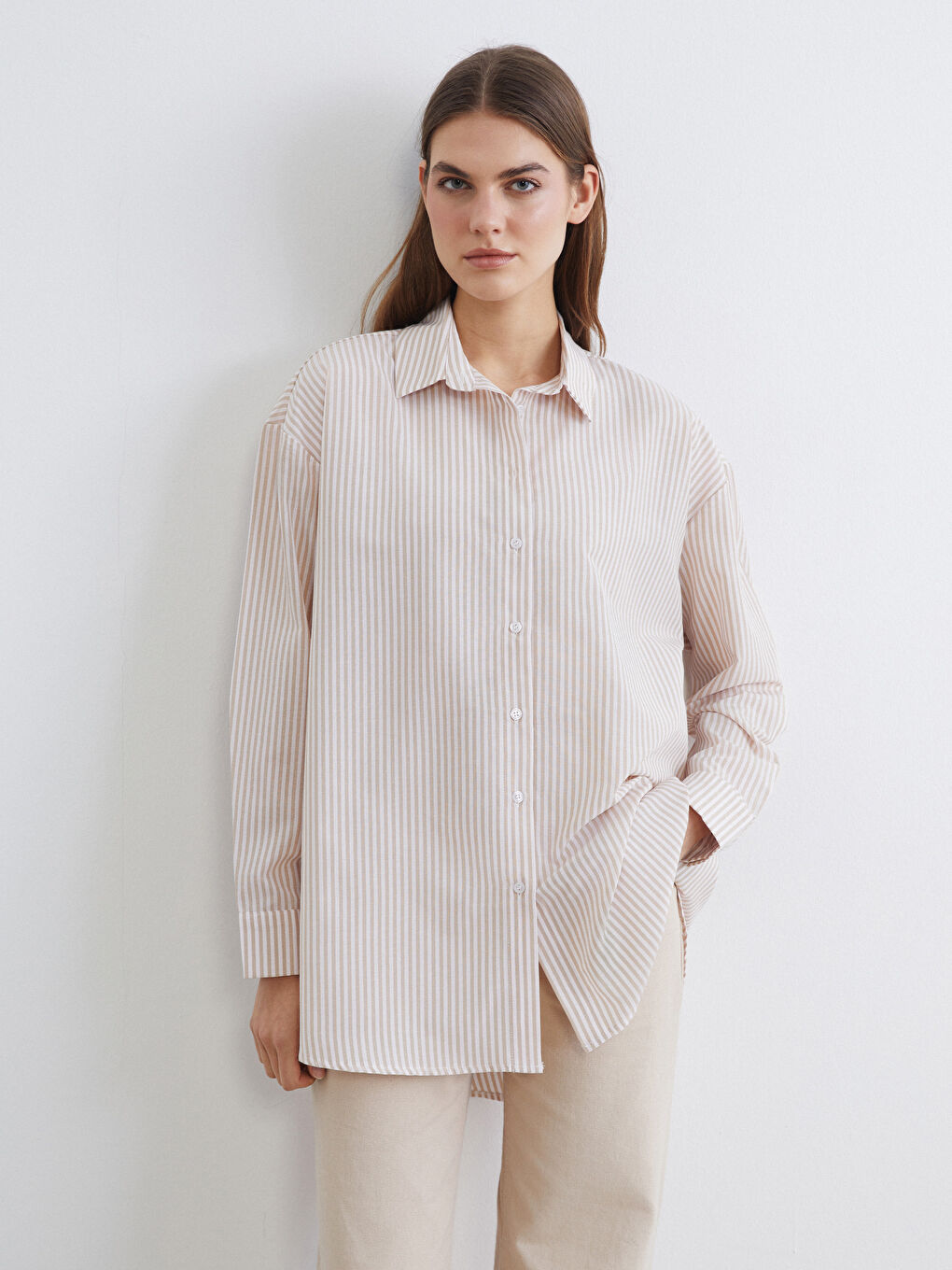 Bej Çizgili Oversize Poplin Kadın Gömlek Tunik