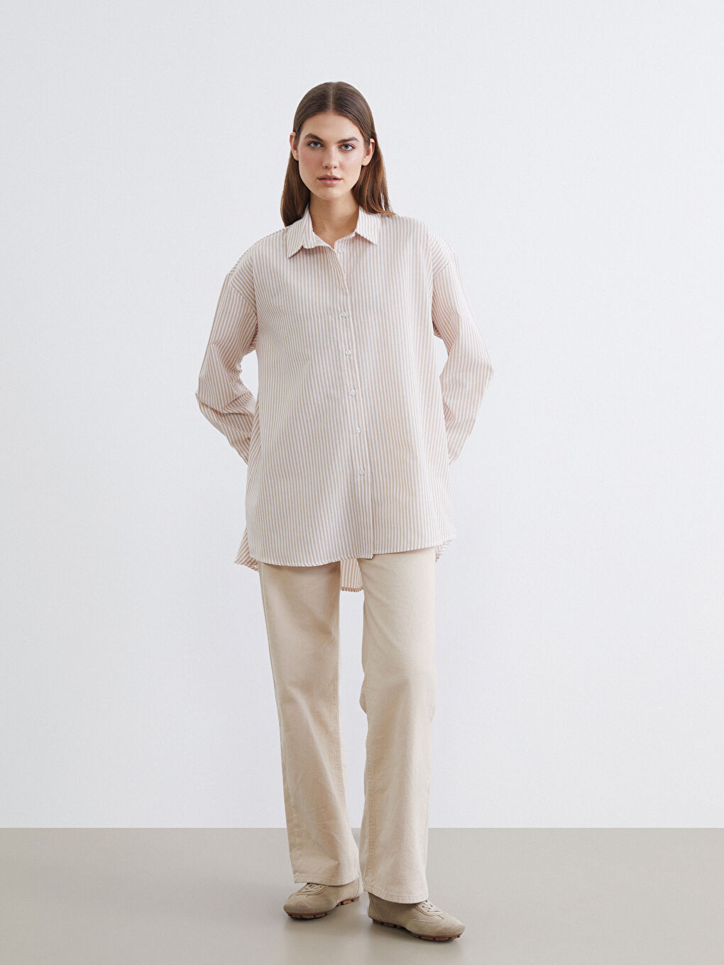 Bej Çizgili Oversize Poplin Kadın Gömlek Tunik-1