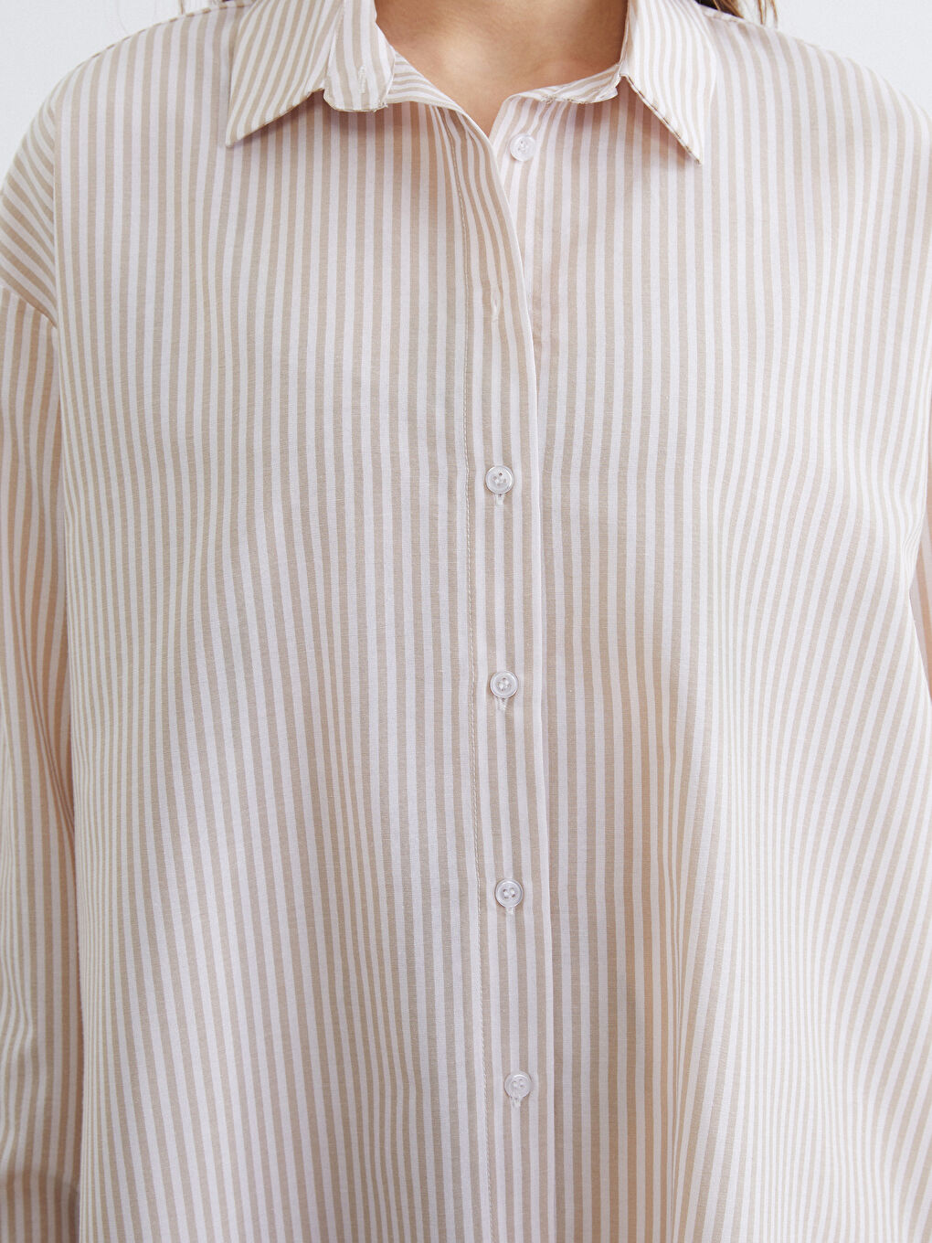 Bej Çizgili Oversize Poplin Kadın Gömlek Tunik-2