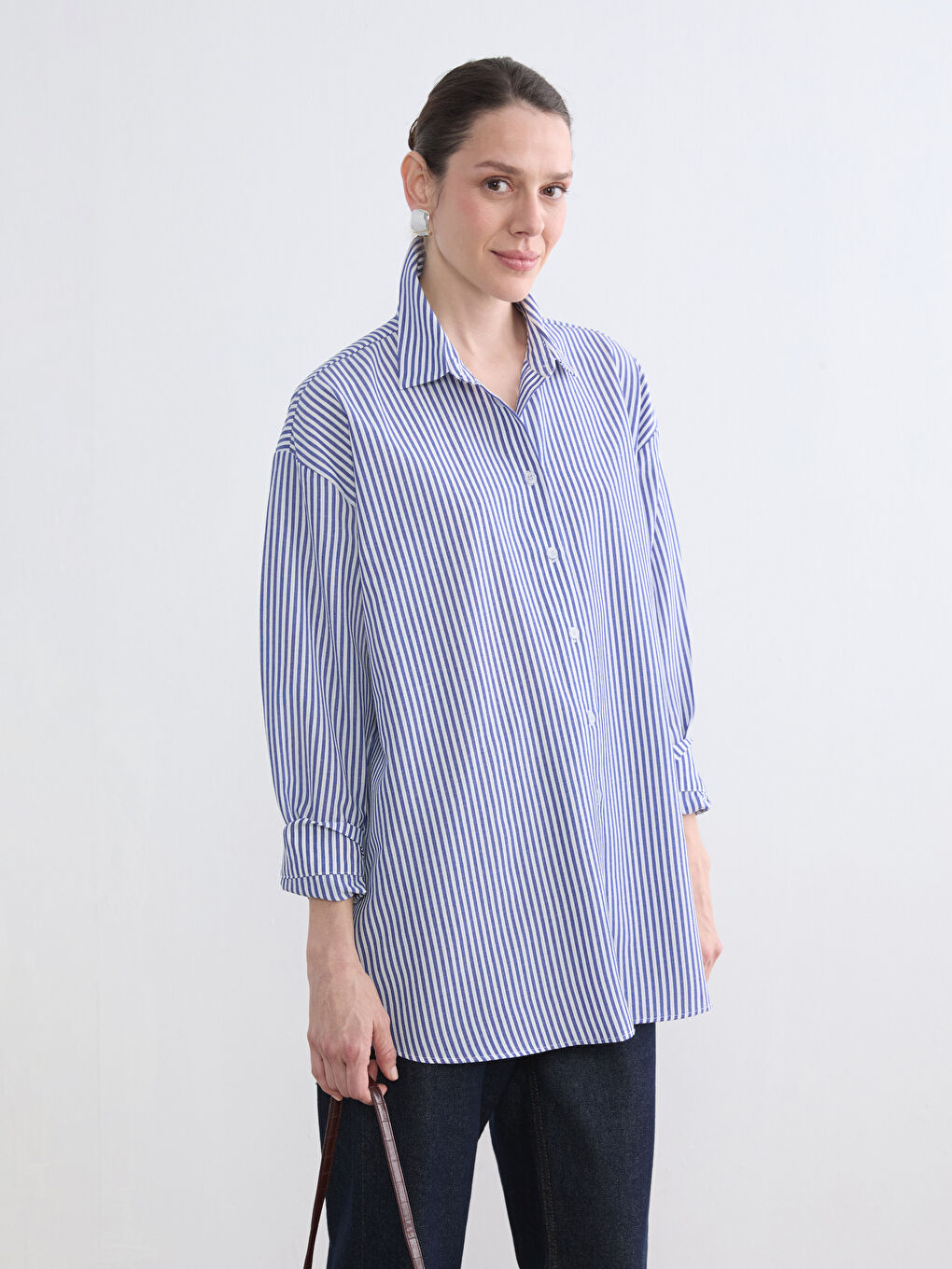 Mavi Çizgili Oversize Poplin Kadın Gömlek Tunik