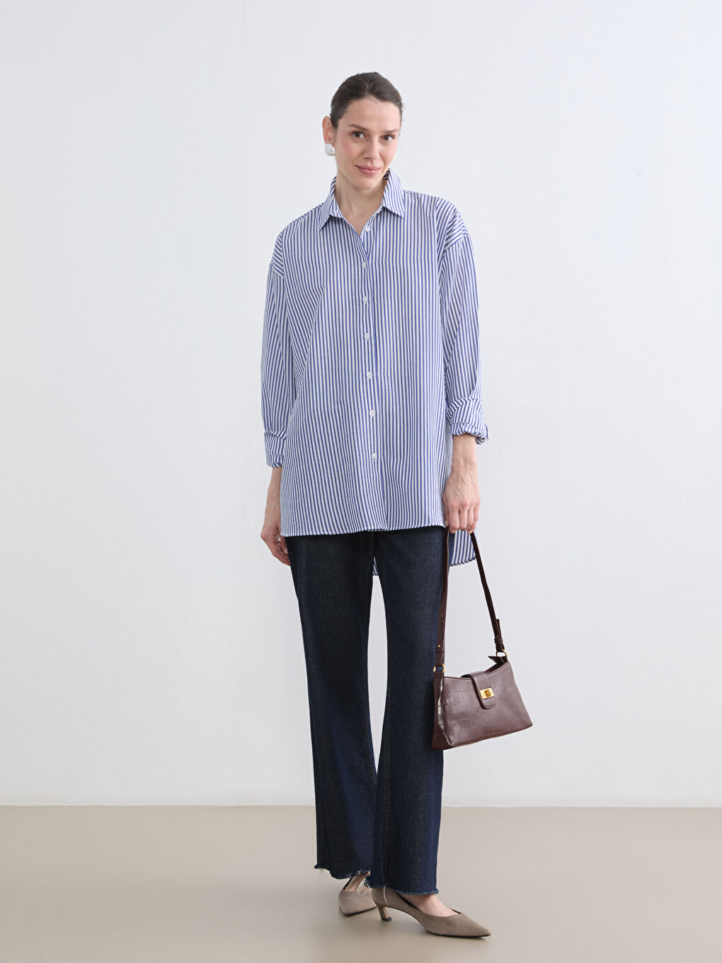 Mavi Çizgili Oversize Poplin Kadın Gömlek Tunik-1